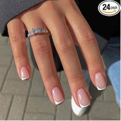 24 Pieces French False Nails Short White Tip Stick on Nails Square Press on Nails Nude Pink Removable Glue Nails Full Cover Fake Nails Women Girls Nail Art Accessories