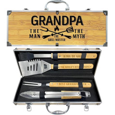 Grandpa Gifts from Grandkids Christmas, Heavy Duty Wooden BBQ Grilling Accessories Kit for Backyard, Thick Stainless Steel Grill Utensils with Non-Slip Handle Tools in Portable Bag Birthday