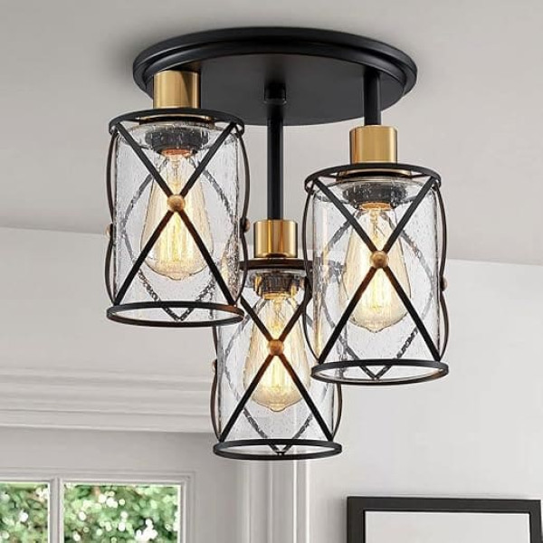 WUZUPS Chandelier Semi Flush Industrial 3 Light Ceiling Light Clear Sawn Glass Shade for Entryway Porch Foyer Kitchen Dining Room Bathroom, W29 H34, E27 Base Black with Brass