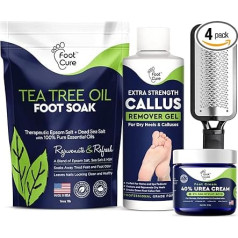 Foot Cure 4 in 1 Pedicure Kit - Professional Extra Strong Callus Remover Gel, Tea Tree Oil, Foot File and 40% Urea Cream for Feet - Remove Calluses, Dry and Cracked Feet at Home