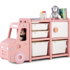 Costway Toy Shelf, 2 Tier Children's Shelf with Cabinet and Storage Boxes, Bookcase for Children, Nursery Shelf for Toy Storage, 110 x 32 x 66 cm (Car, Pink)
