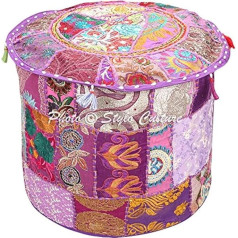 Stylo Culture Ottoman Pouffe Stool Cover Bench Large Purple Indian Embroidered Patchwork Cotton Traditional Round Fabric Stool Ottoman Cover (22 x 22 x 13 Inches) 55 cm