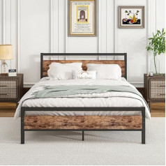 ‎Hojinlinero HOJINLINERO Bed Frame 140 x 200, Double Bed Frame Metal Bed 140 x 200 cm with Metal Slatted Frame and Wooden Headboard, Easy Assembly Guest Bed, Youth Bed, for Bedroom, Guest Room, Bed Frame, Black