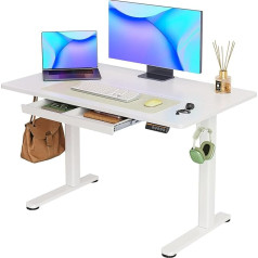 Claiks Height-Adjustable Electric Desk, Height-Adjustable Desk with Drawer, 120 x 60 cm, Standing Height Adjustable Desk, White Frame/White Surface