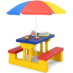 Giantex Children's Seating Set with Parasol, Children's Garden Furniture Set, 1 Table and 2 Benches, Children's Furniture Garden Furniture Set, Colourful, Picnic Set Made of Plastic, Seating Set for