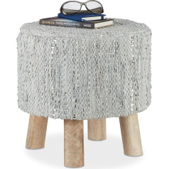 Relaxdays Round Footstool Upholstered, Vintage Ottoman Chair with Leather Padding, 4 Wooden Legs, Modern Pouffe, Grey