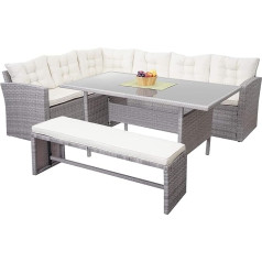 Mendler HWC-A29 Poly Rattan Garden Furniture Set Lounge Dining Table Set Sofa + Bench Light Grey Cushion Cream