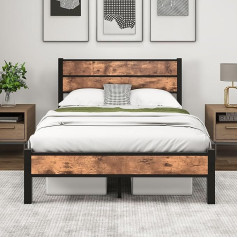 ‎Homerecommend HOMERECOMMEND 120 x 200 cm Metal Bed Frame with Slatted Frame with Wooden Headboard and Footboard Heavy Duty Metal Platform Bed Frame Black + Brown