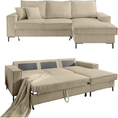 Luma-Home Schönes Für Dein Zuhause 17220 Modern Corduroy Corner Sofa 240 x 150 cm with Sleep Function and Bed Box, Wave Undersuspension, L-Couch with Chaise Longue on the Right, Lying Surface 125 x 198 cm, Cord Cover in Beige Grey