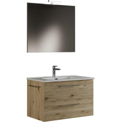 Mama Store ERA 80 Bathroom Cabinet Hanging 80 cm Natural Oak with Sink, Mirror and LED Lamp, B, Wood, Quercia Naturale, L 81 x P. 47 x H 53 cm