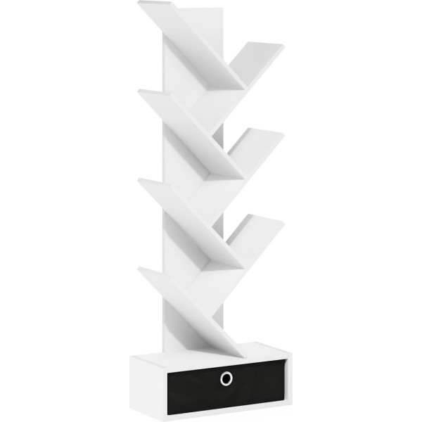 Furinno Tree Bookcase 7-Tier Floor Standing Tree Bookcase with Bin Drawer, White/Black