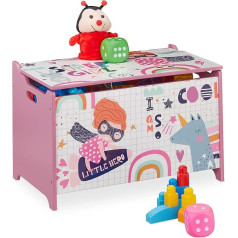 Relaxdays Toy Chest with Heroine Motif, Toy Box with Lid, 39 x 60 x 36.5 cm, MDF, Toy Box, Pink/White