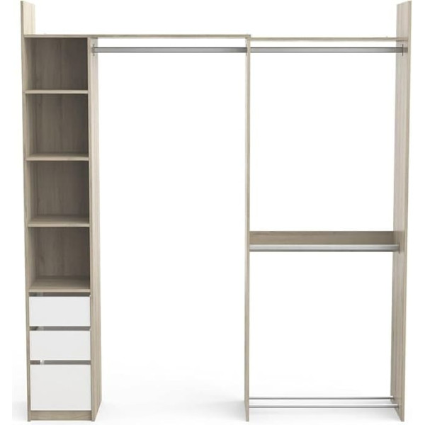 Demeyere Kit Dressing Extensible D'Angle Ouvert & Modulable 3 Tiroirs 3 Barres De Penderie - Coloris Chêne & Blanc - 199.7 x 43.9 x 218.3 cm, Oak