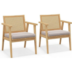 Costway Set of 2 Dining Room Chairs, Accent Chairs, Lounge Chairs with Breathable Rattan Back and Removable Seat Cushion, Rattan Chairs with Rubber Wood Frame for Living Room, Dining Room