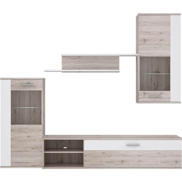 Forte Hot Shot Wall Unit with 2 Glass Doors and 1 Flap Including LED Lighting, Wood Material, Sand Oak Decor Combined with White, 213 x 41.3 x 184 cm