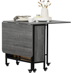 HOMCOM Folding Dining Table, Kitchen Rectangular Folding Table, Extendable Table on Wheels for up to 6 People, 6 Wheels and Integrated Shelf, for Small Spaces, Dining Room, Grey