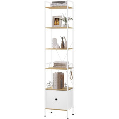 Woltu RGB63whe 5 Tier Bookcase with Drawer, Standing Shelf with Metal Frame for Living Room Study Home Office Bedroom Modern Light Oak + White
