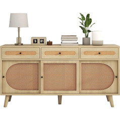 Hyub Sideboard, Chest of Drawers with 3 Sliding Doors and 3 Drawers, Sideboard with Adjustable Shelves, Storage Cabinet for Hallway, Kitchen, Bedroom, Living Room, Multi-Purpose Cabinet, Natural, 140