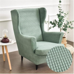 Highdi 2-Piece Wing Chair Cover, Armchair Throws, Wing Chair, Plain Jacquard Thick Protective Covers, Armchair Cover, Strandmon Tiger Chair Cover with Armrest, High Backrest (Matcha Green)
