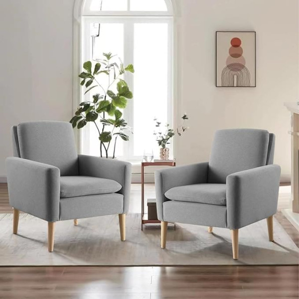 Dazone Set of 2 Upholstered Chairs, Armchairs with Armrests, Solid Wood Legs, Modern, Simple for Bedroom, Living Room, Balcony,