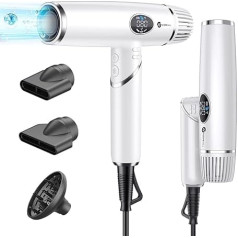 Slopehill Ion Hair Dryer 2000 W Professional Hair Dryer, Lightweight and Foldable, Low Noise, Magnetic Diffuser, Extra Long Cable, LCD Display for Home, Salon and Travel (White)
