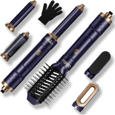 6-in-1 Hairstyler Set, UKLISS 1000 W Round Brush with Airflow Curling Iron Automatic, Warm Air Brush, Hot Air Brush, Thermal Brush, Gift Sets for Women, Drying Volume, Straightening Curls (Blue)