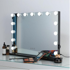 Dayu Hollywood Makeup Mirror with 15 Lighting LED Light, 3 Colours Dimmable Makeup Mirror with USB for Wall Mounting, Smart Touch Control, 58 x 46 cm, Black
