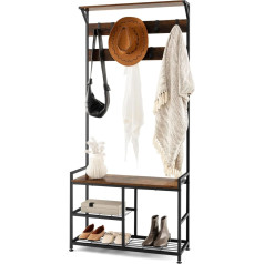 COSTWAY Coat Stand with 9 Hooks and Shoe Rack, 3 Levels Coat Rack, Industrial Design, Clothes Rack Metal Frame for Hallway and Bedroom