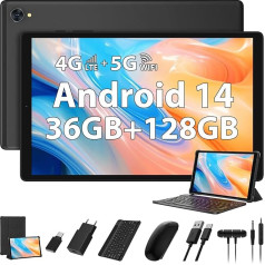RUSHAR Tablet 10 Inch Android 14 Tablet PC, Dual 4G LTE SIM & 5G WiFi, 36GB RAM + 128GB ROM (TF 1TB), Octa-Core, IPS 1920P FHD, 13MP + 8MP, 8000mAh, Bluetooth 5.0, Tablet with Keyboard, Mice,