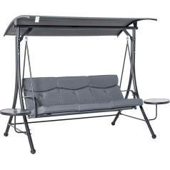 Outsunny Hollywood Swing 3-Seater Garden Swing Bench with Adjustable Sun Canopy Tea Table Steel Polyester Grey + Black 271 x 125 x 177 cm