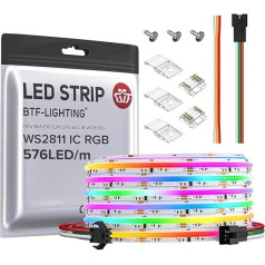 BTF-LIGHTING FCOB COB RGB WS2811 IC Addressable LED Strip DC24V 5M 576LEDs/M 16W/M 10mm White PCB Chasing Colour Flexible High Density LED Strip IP30 Not Waterproof (Strip Only)