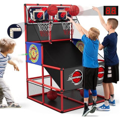 HYES 3 in 1 Dual Shot Basketball Arcade Game with 2 Dart Boards/Electronic Scoreboard/LED Light, Children's Basketball Hoop for 2 Players Indoor Outdoor Sports Toy for Boys Girls Age 3-12