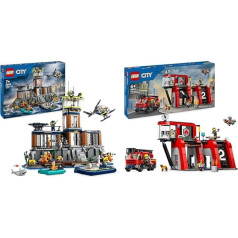 LEGO City Police Station on Prison Island, Police Toy with Helicopter & City Fire Station with Rotary Ladder Vehicle, Fire Brigade Toy