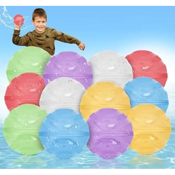 Reusable Water Balloons, Pack of 12 Water Balloons for Children, Magnetic Water Balloons, Self Sealing, Silicone Water Balloons with Magnetic and Mesh Pocket, Outdoor Water Games for