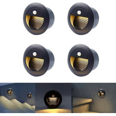 FWoche Recessed Wall Light with Motion Sensor 3000 K 4 Pieces 1.5 W Round Wall Light IP65 65 mm (Not Standard Size 60 mm) Hallway Lamp Outdoor Stair Light Sensor with Box Aluminium 230 V Black