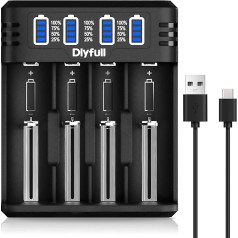 Dlyfull 18650 Charger, 4-Way Universal Battery Charger with LED Display, Fast USB-C Battery Charger for 18650 21700 17500 16340 26650 AA AAA C 3.7 V Li-Ion Batteries 1.2 V NI-MH/NI-CD Battery