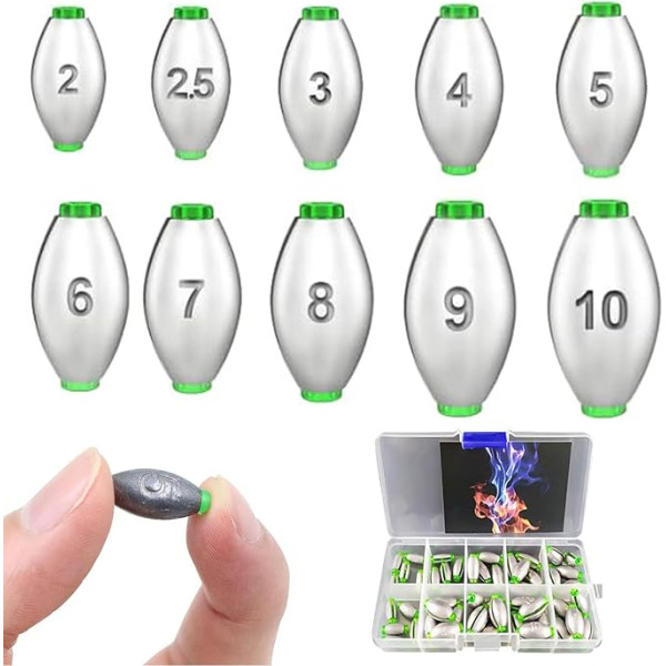 Fishing Lead Set, Fishing Lead, Fishing Weights Kit, Removable Fishing Weights, 2 g, 2.5 g, 3 g, 4 g, 5 g, 6 g, 7 g, 8 g, 9 g, 10 g Lead Fishing Set with Storage Box (10 Sizes)