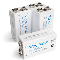 POWEROWL 9 V Battery, 9 V Block Battery 600 mAh Lithium Ion Rechargeable Batteries Low Self-Discharge for 10 Year Smoke Detector Pack of 4