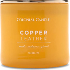 Colonial Candle Scented Candle in Glass with Lid | Copper Leather | Scented Candle Leather | Candle 3 Wick | Candles Long Burning Time up to 60 Hours | Candles Yellow (411 g)