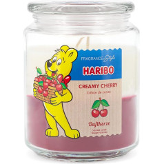 Haribo Scented Candle in Glass with Lid | Creamy Cherry | Scented Candle Fruity Sweet | Candles Long Burning Time (100 h) | 2 Layers Candle in Glass | Large Scented Candle (510 g)