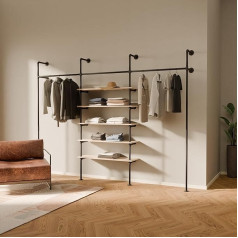 pamo JAHNKE Industrial Design Clothes Rail with Oak Boards - Wardrobe and for Walk-in Wardrobe Wall I Clothes Rack Made of Black Sturdy Pipes for Wall Mounting Made of Water Pipes