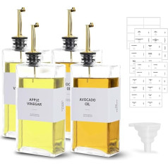 sunal Vinegar and Oil Bottles Set, Pack of 4, Olive Oil Dispenser Set, 500 ml/16.9 oz Glass Oil Dispenser, Olive Oil Bottles with 40 Waterproof Labels and Silicone Funnel, Golden