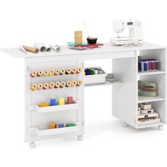 RELAX4LIFE Foldable Sewing Table, Multi-Purpose Sewing Machine Cabinet with Shelves & 2 Containers & 18 Clips, Portable Flexible Craft Station with Lockable Wheels for Home, White