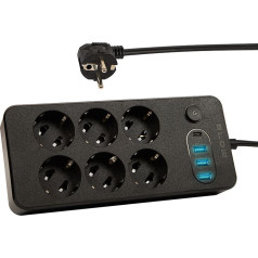 98-212# Tīkla pagarinātājs ps-650 6 ligzdu 3xusb 1xusb-c 5m melns 2x1mm