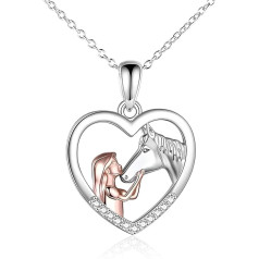 Ozmw Silver Heart Pendant, Girl and Horse Necklace, Horse Jewellery, Necklace Gifts for Girls, Girlfriend, Mother, Daughter, Metal