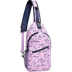 Disney Stitch Sling Bag, Chest Bag, Shoulder Bag with Padded Straps and Multiple Compartments - Gifts for Girls, Purple Aop