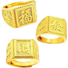 3pcs Men's Ring Gold-Plated Rich/Happiness/Wealth Band Signet Ring Band Ring Adjustable Size Father's Day Gift Jewellery Suitable for Men