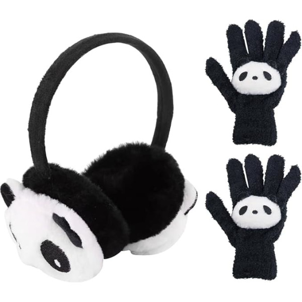 GTYHH 1 Piece Panda Earmuffs, 1 Pair Plush Panda Gloves, Winter Plush Thermal Earmuffs, Kids Ear Warmers, Cute Animal Thermal Set, Black and White
