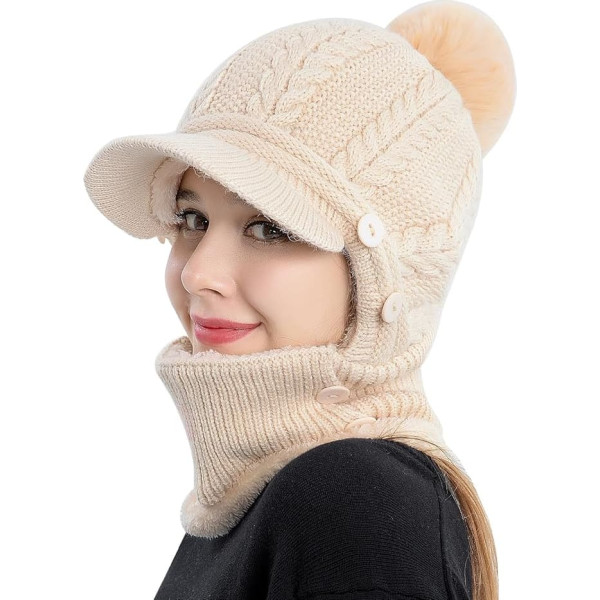 Wanyig 3-in-1 Knitted Hat Scarf Set for Women Winter Hat with Neck/Bobble Knitted Balaclava for Women Blaclava Winter with Soft Inner Lining for Outdoor Use