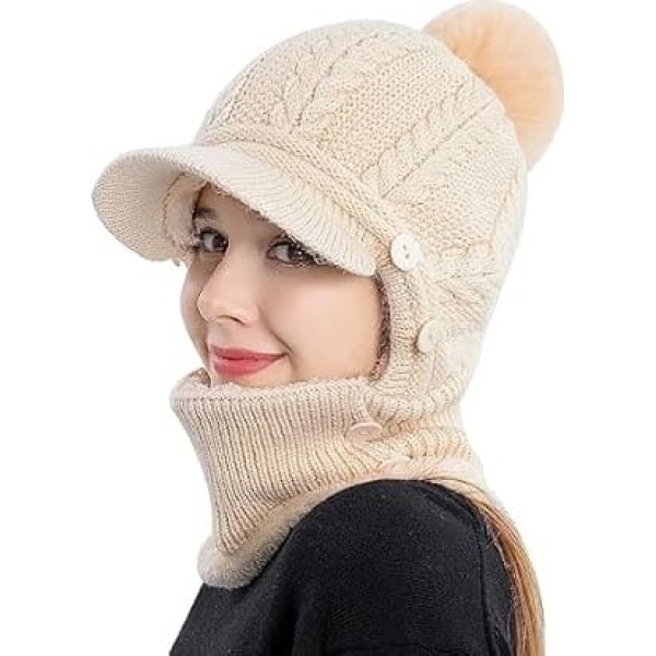 Wanyig 3-in-1 Knitted Hat Scarf Set for Women Winter Hat with Neck/Bobble Knitted Balaclava for Women Blaclava Winter with Soft Inner Lining for Outdoor Use